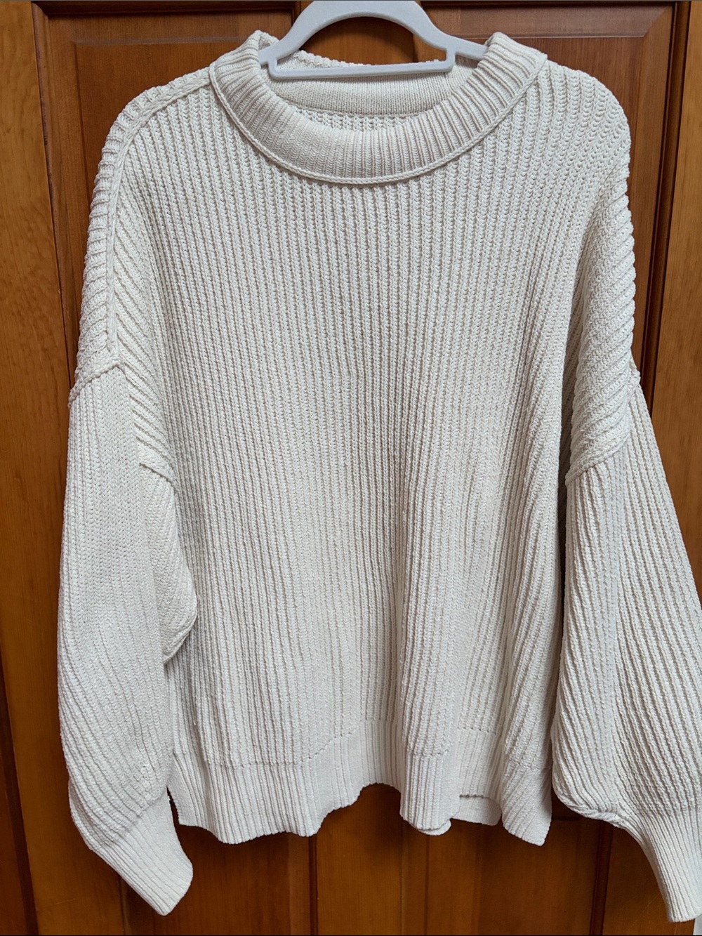 aerie Cream Ribbed Crewneck Sweater with Balloon Sleeves